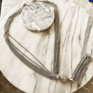 Talbots Chain Tassel Pendant Necklace Silver Toned Metal Clear Pave Accent Glam